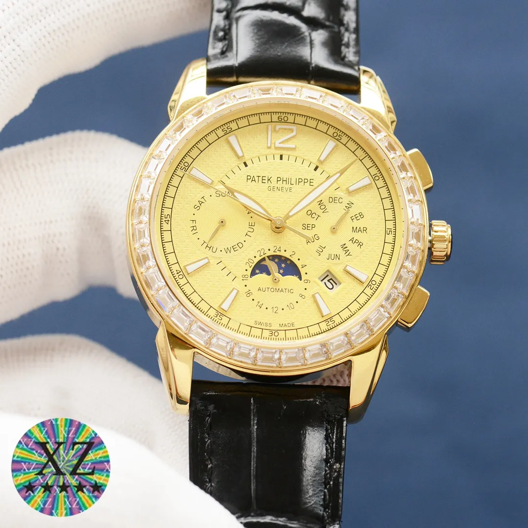 [Rose] [Rose] A new work by the craftsman • Launching the latest style • Patek Philippe PP multi-function watch. Full of business style. Equipped with an original imported 9100 moon phase function movement mechanical watch. ⚙️ Accurate travel time and zero repair. The use of 13 square diamonds as scales on the dial shows the luxurious temperament of this watch. [呲呲] Imported cowhide strap. The mirror is made of sapphire mirror. See-through bottom cover. It is waterproof to 30 meters and has a diameter of 42mmx10mm. The functions of the watch include day of the week, month, date, moon, sun and other functions. The reputation of the best men's watch is revealed in every detail: a man is a warm gentleman, with great taste and craftsmanship, which is comparable to the original! The appearance and appearance are the same and unique! (Focus on original new machines) Factory quality! Welcome to reprint!